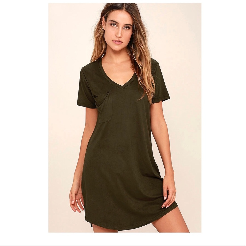 Faux Suede Olive Green Dress with Pocket